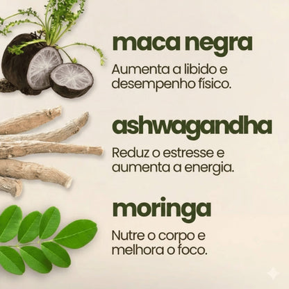 Potência Total Premium: Ashwagandha +  Moringa Oleifera + Maca Negra Peruana