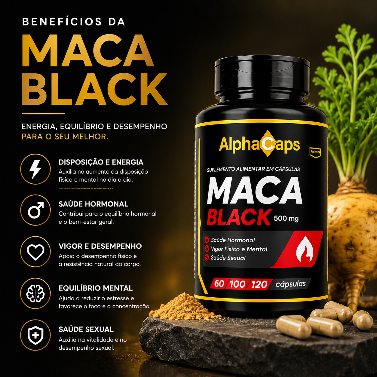 Maca Black Premium 500mg | Saúde Hormonal e Vigor Físico | 120 Cápsulas