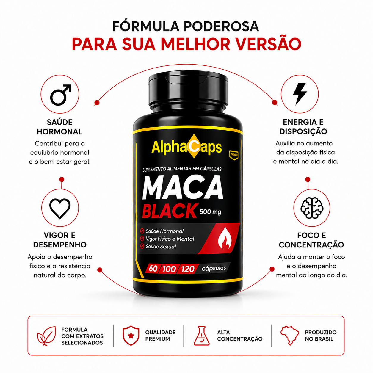 Maca Black Premium 500mg | Saúde Hormonal e Vigor Físico | 120 Cápsulas