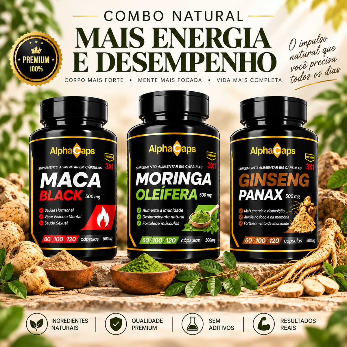 Combo Ginseng panax , Moringa oleifera e Maca