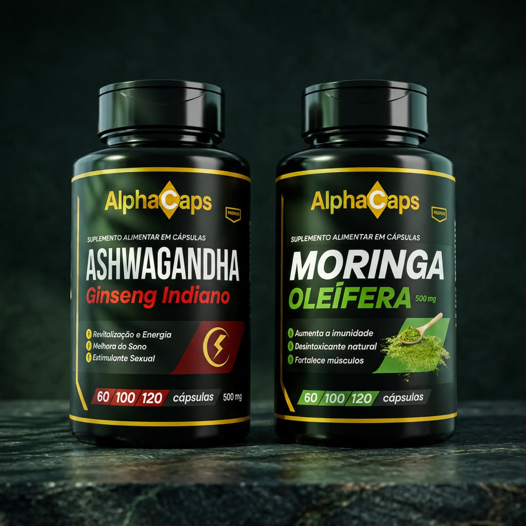 Moringa e Ashwagandha em superfície escura