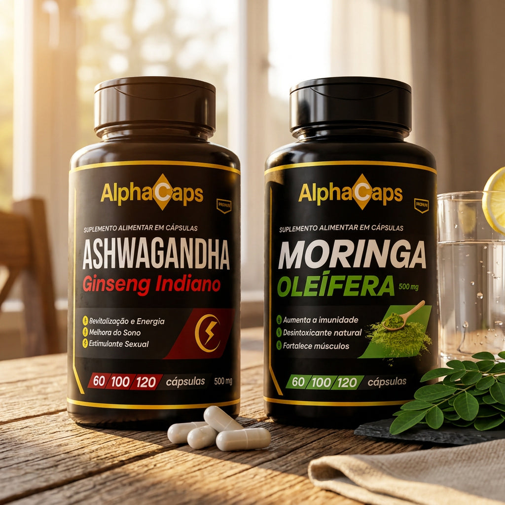 Moringa e Ashwagandha com folhas e água