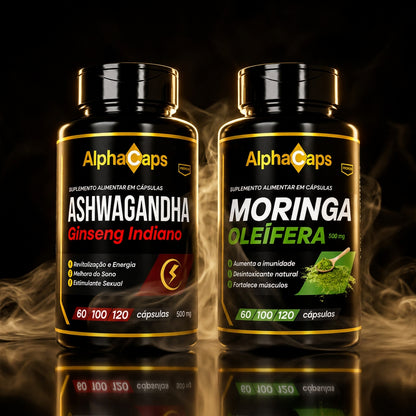 Moringa e Ashwagandha fundo preto premium